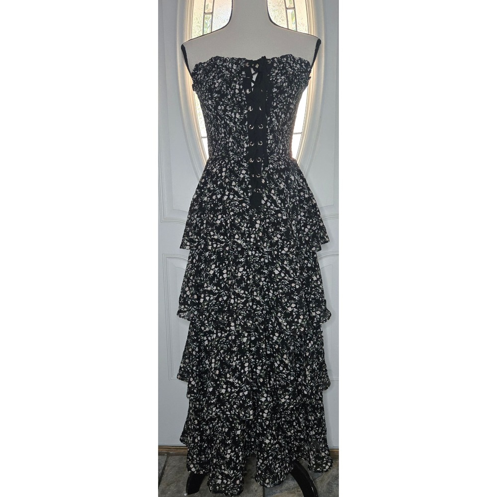 VICI x Gina Black Floral Strapless Corset Lace Up Tiered Maxi Dress - Picture 3 of 10